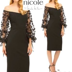 Nicole Miller Black Puff Sequin 3D Floral Balloon Sheer Long Sleeve Dress Sz 6